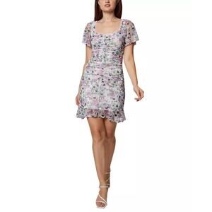 BCBGENERATION RUCHED MESH FLORAL‎ MINI DRESS IN GARDEN NWT WOMEN'S SIZE 16